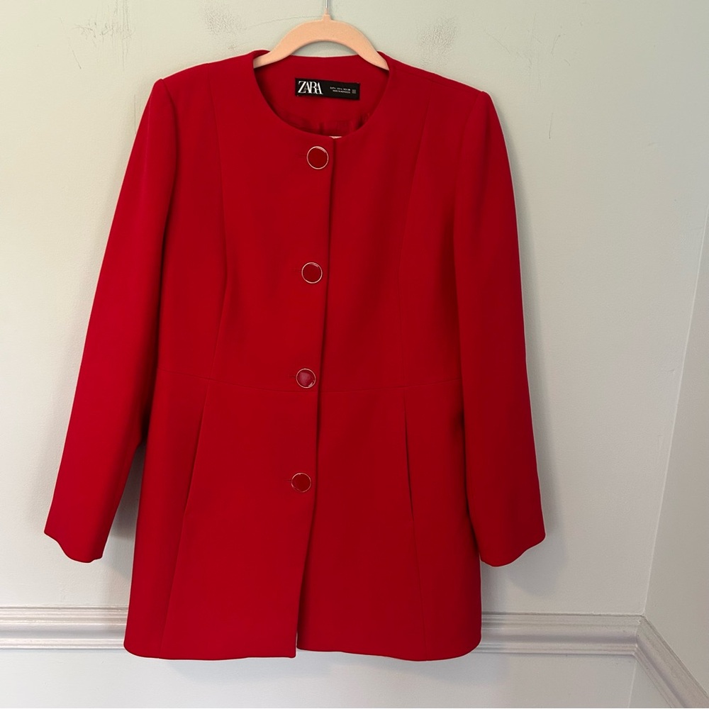 Zara Solid Red Long Fitted Blazer Size Large
